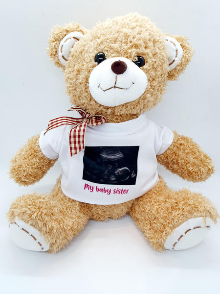 Baby announcement - teddy with personalised t-shirt